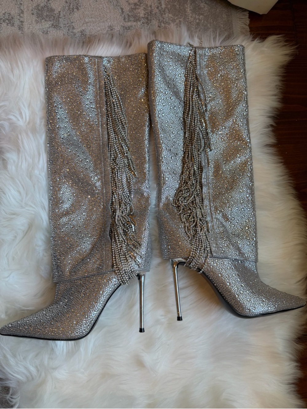 steve madden women’s sanya rhinestone stiletto cuffed tall dress boots silver - Picture 2 of 5